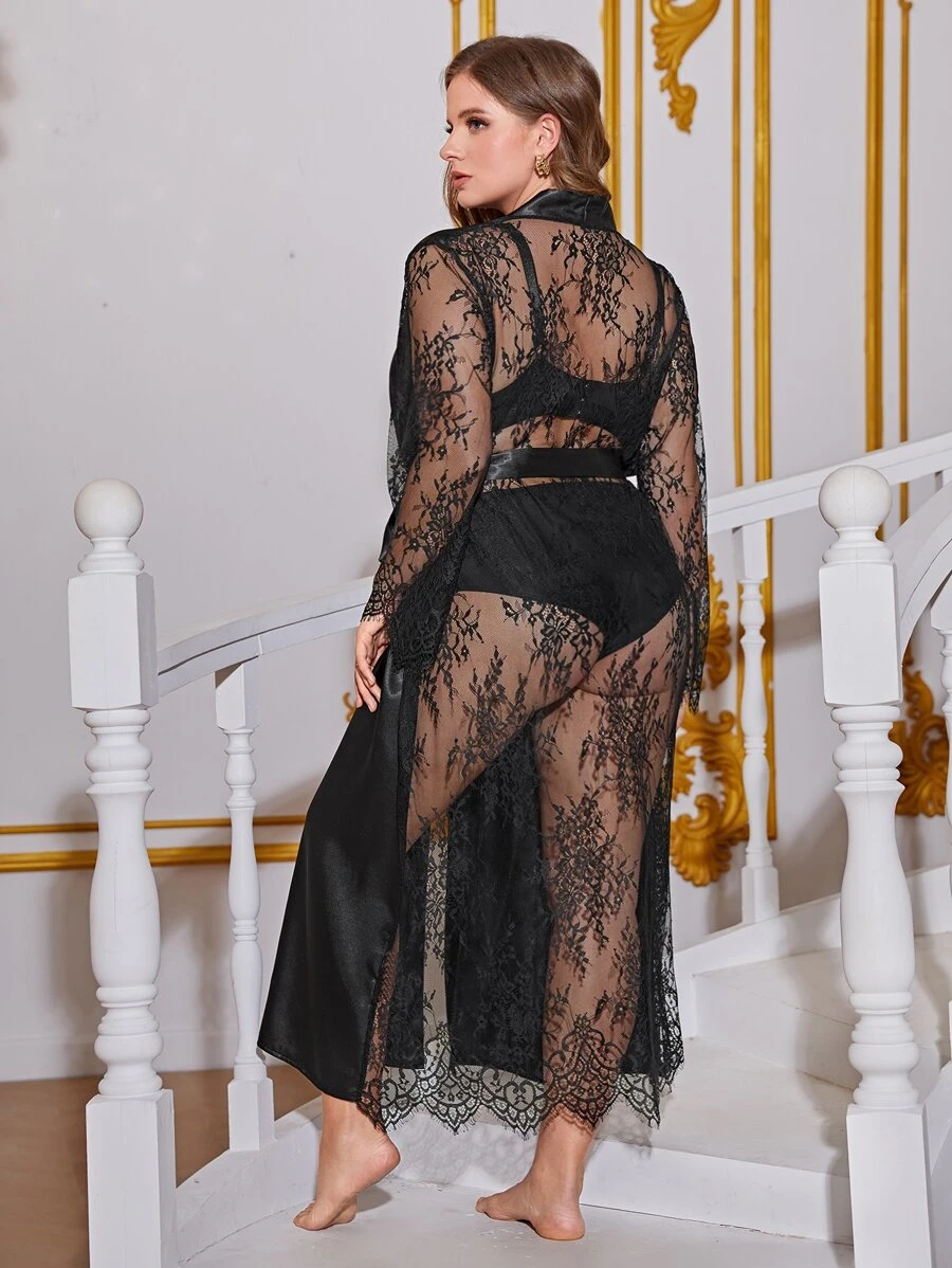 Plus Contrast Lace Belted Satin Robe Without Lingerie Set - Black - View 1