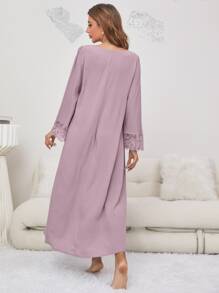 Váy ngủ & áo ngủ Nữ Tương phản ren Thắt nút màu trơn Dễ thương - Màu tím hoa cà - Xem 2