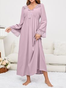 Váy ngủ & áo ngủ Nữ Tương phản ren Thắt nút màu trơn Dễ thương - Màu tím hoa cà - Xem 3