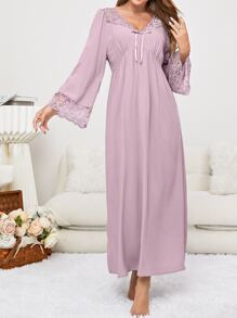 Váy ngủ & áo ngủ Nữ Tương phản ren Thắt nút màu trơn Dễ thương - Màu tím hoa cà - Xem 4