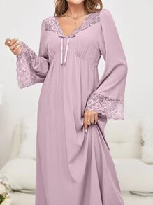 Váy ngủ & áo ngủ Nữ Tương phản ren Thắt nút màu trơn Dễ thương - Màu tím hoa cà - Xem 5