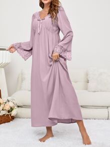 Váy ngủ & áo ngủ Nữ Tương phản ren Thắt nút màu trơn Dễ thương - Màu tím hoa cà - Xem 6