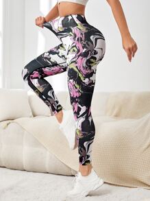 Marble Print Wideband Waist Sports Leggings - Multicolor - View 3