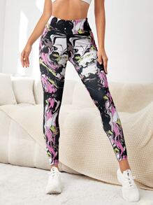 Marble Print Wideband Waist Sports Leggings - Multicolor - View 1