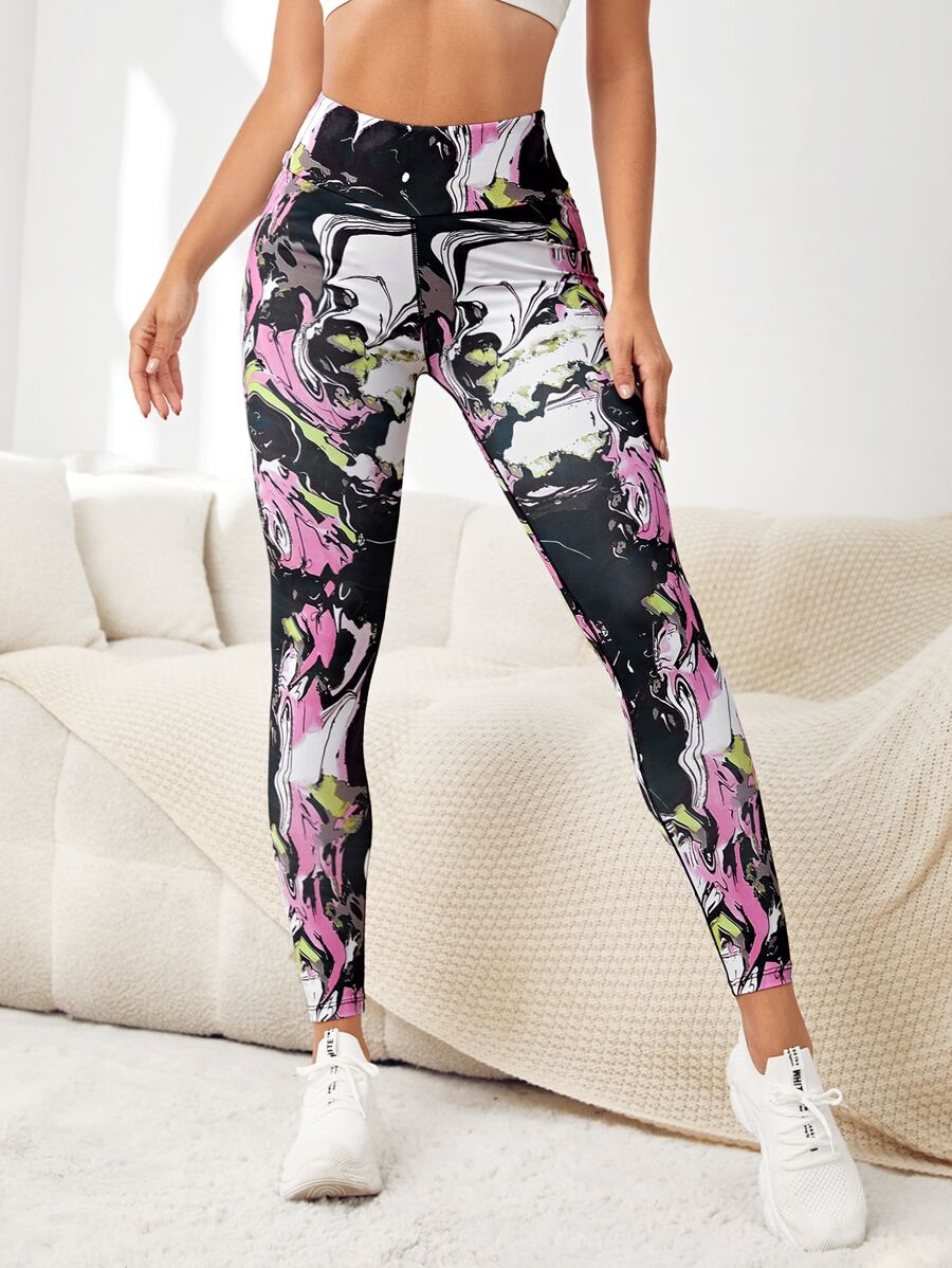 Marble Print Wideband Waist Sports Leggings - Multicolor - View 1