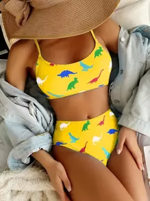 恐龍印花比基尼套裝，夏季海灘必備 - 黃色 - 查看 1