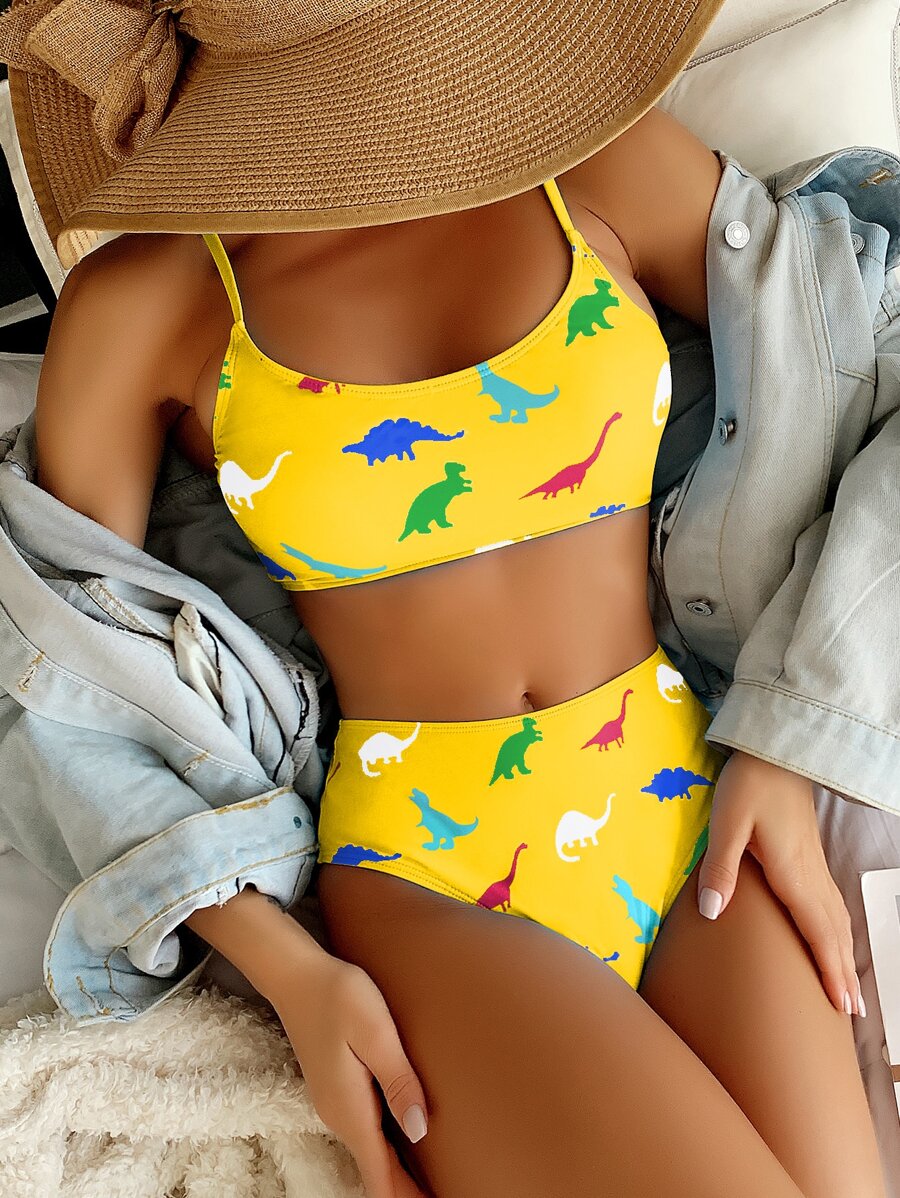 恐龍印花比基尼套裝，夏季海灘必備 - 黃色 - 查看 1