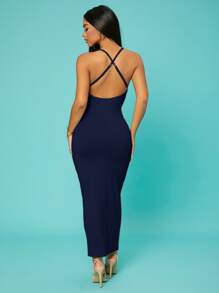 SHEIN SXY 素色交叉露背吊帶連衣裙 - 藏蓝色 - 查看 2