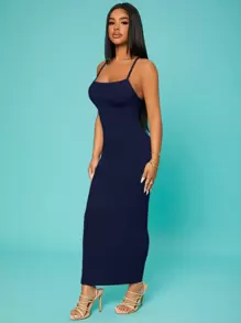 SHEIN SXY 素色交叉露背吊帶連衣裙 - 藏蓝色 - 查看 3