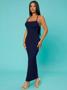 SHEIN SXY 素色交叉露背吊帶連衣裙 - 藏蓝色 - 查看 4