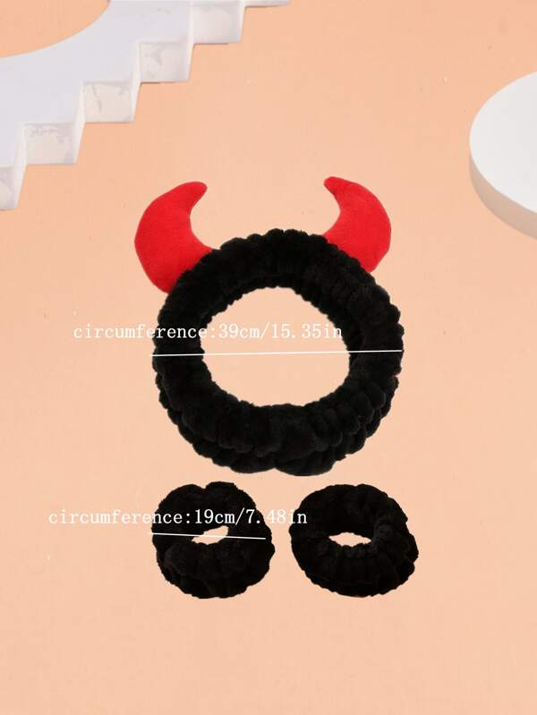 3pcs/set Black Bath Headband & Bath Wrist Band, Polyester Horn Decor Bath Hairlace & Wristband