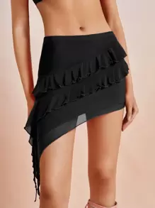 SHEIN ICON 荷葉邊不對稱下擺網紗半身裙 - 黑色 - 查看 1