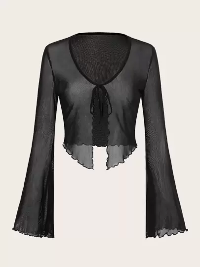 SHEIN ICON Top con mangas de trompeta, cuello de lechuga y cierre delantero en malla estilo Y2K