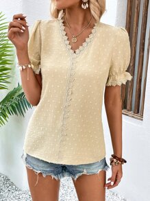 SHEIN LUNE 圓點鏤空蕾絲花邊泡泡袖襯衫 - 杏色 - 查看 6