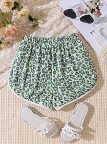 Girls Leopard Print Contrast Binding Shorts - Green - View 2