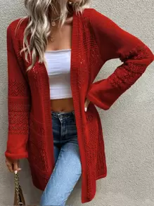 SHEIN LUNE Solid Open Front Pointelle Knit Duster Cardigan