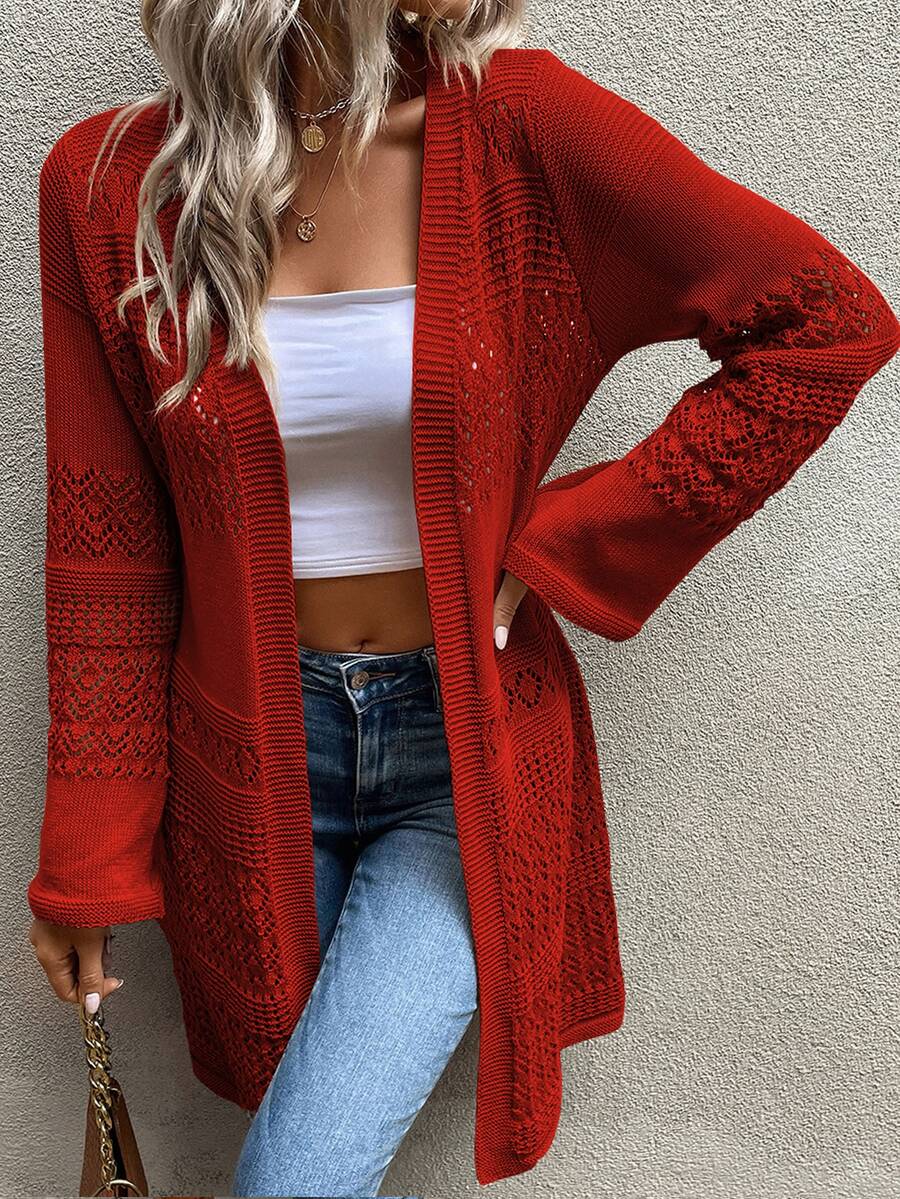 SHEIN LUNE Solid Open Front Pointelle Knit Duster Cardigan