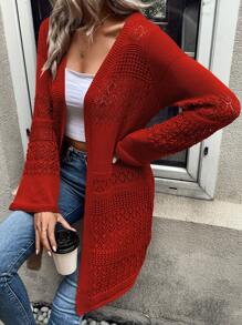 SHEIN LUNE Solid Open Front Pointelle Knit Duster Cardigan