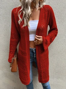 SHEIN LUNE Solid Open Front Pointelle Knit Duster Cardigan