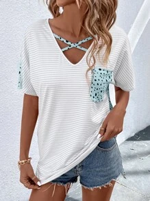 SHEIN LUNE Áo thun nữ Túi Hội Chữ thập Sọc Giải trí - Màu xanh bạc hà - Xem 5