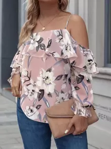 SHEIN LUNE 大碼印花挖肩荷葉邊荷葉袖襯衫