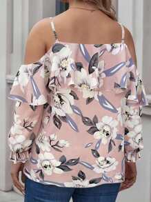 SHEIN LUNE 大碼印花挖肩荷葉邊荷葉袖襯衫