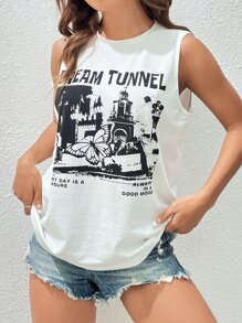 SHEIN EZwear 蝴蝶和口号图案背心 梦想隧道 每一天都是宝藏 总是心情愉快 - 白色 - 查看 3