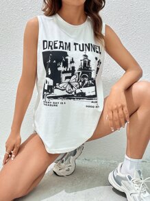 SHEIN EZwear 蝴蝶和口号图案背心 梦想隧道 每一天都是宝藏 总是心情愉快 - 白色 - 查看 4