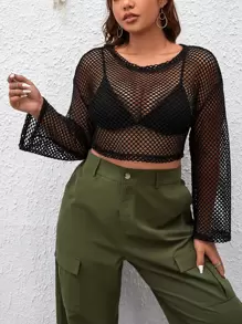 SHEIN EZwear Plus Hollow Out Drop Shoulder Crop Top Without Bra - Black - View 1