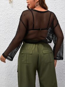 SHEIN EZwear Plus Hollow Out Drop Shoulder Crop Top Without Bra - Black - View 2