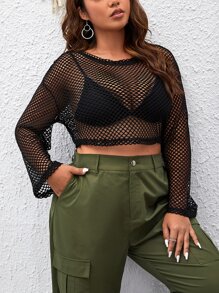 SHEIN EZwear Plus Hollow Out Drop Shoulder Crop Top Without Bra - Black - View 4