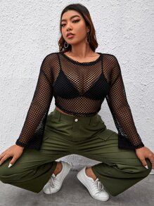 SHEIN EZwear Plus Hollow Out Drop Shoulder Crop Top Without Bra - Black - View 5