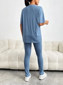 SHEIN Essnce 字母貼布落肩T恤和下擺開叉緊身打底褲 - 藍色 - 查看 2