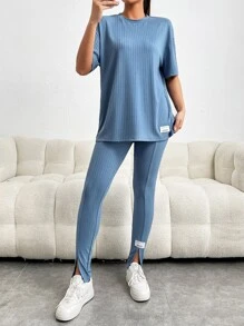SHEIN Essnce 字母貼布落肩T恤和下擺開叉緊身打底褲 - 藍色 - 查看 4