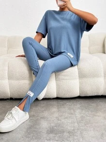 SHEIN Essnce 字母貼布落肩T恤和下擺開叉緊身打底褲 - 藍色 - 查看 5