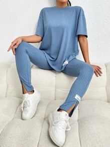 SHEIN Essnce 字母貼布落肩T恤和下擺開叉緊身打底褲 - 藍色 - 查看 6