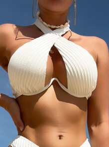 Criss Cross Halter Underwire Bikini Top Beach Tops - White - View 4
