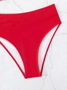 Solid High Waisted Summer Beach Bikini Set - Red - View 4