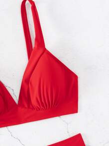 Solid High Waisted Summer Beach Bikini Set - Red - View 5