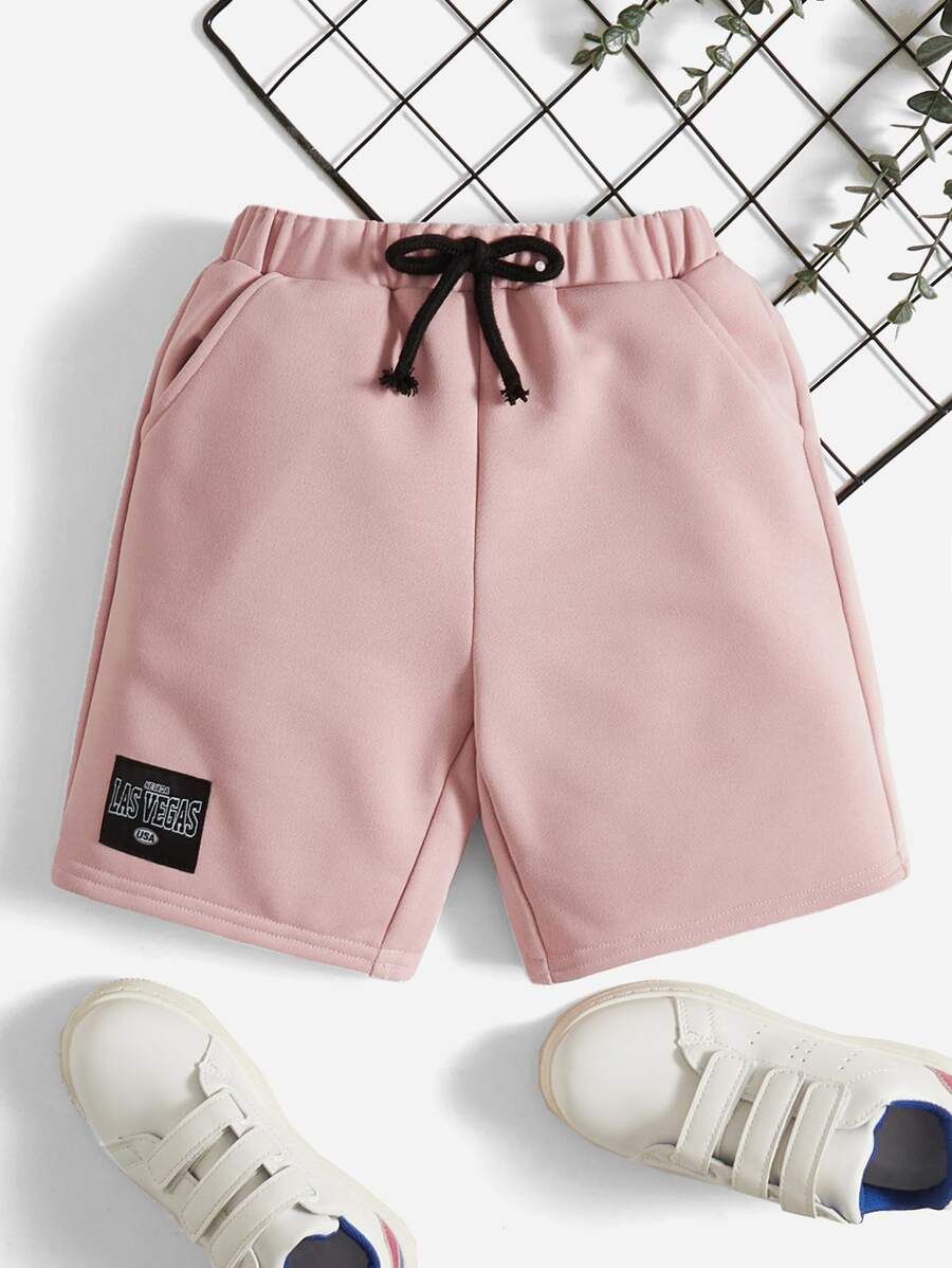 SHEIN Quần short bé trai Dây kéo Đắp vá Túi Lá thư Giải trí - Bụi hồng - Xem 1