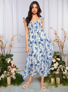 SHEIN Maternidad Vestido con estampado floral ribete con fruncido - Azul y blanco - Ver 4