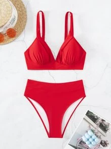 Solid High Waisted Summer Beach Bikini Set - Red - View 7