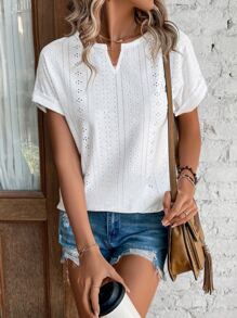 SHEIN LUNE Eyelet Embroidery Batwing Sleeve Notched Neckline Tee - White - View 5