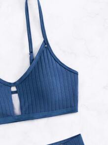 Cut Out Front High Waisted Summer Beach Bikini Set - Dusty Blue - View 4