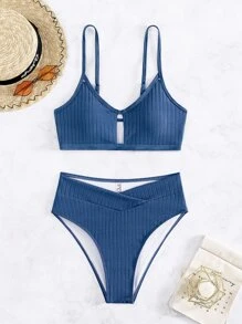 Cut Out Front High Waisted Summer Beach Bikini Set - Dusty Blue - View 7