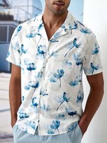 Manfinity Hombres Camisa floral al azar con estampado - Azul y blanco - Ver 1