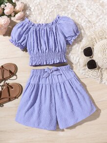 女孩圓點褶邊泡泡袖上衣和短褲 - 紫色 - 查看 1