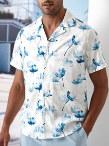 Manfinity Hombres Camisa floral al azar con estampado - Azul y blanco - Ver 3