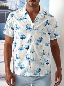 Manfinity Hombres Camisa floral al azar con estampado - Azul y blanco - Ver 6