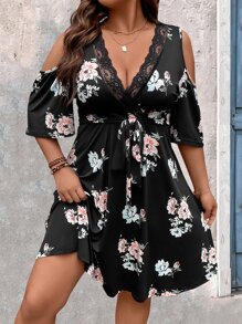 SHEIN Clasi 大碼印花挖肩蕾絲邊連衣裙 - 黑色 - 查看 4